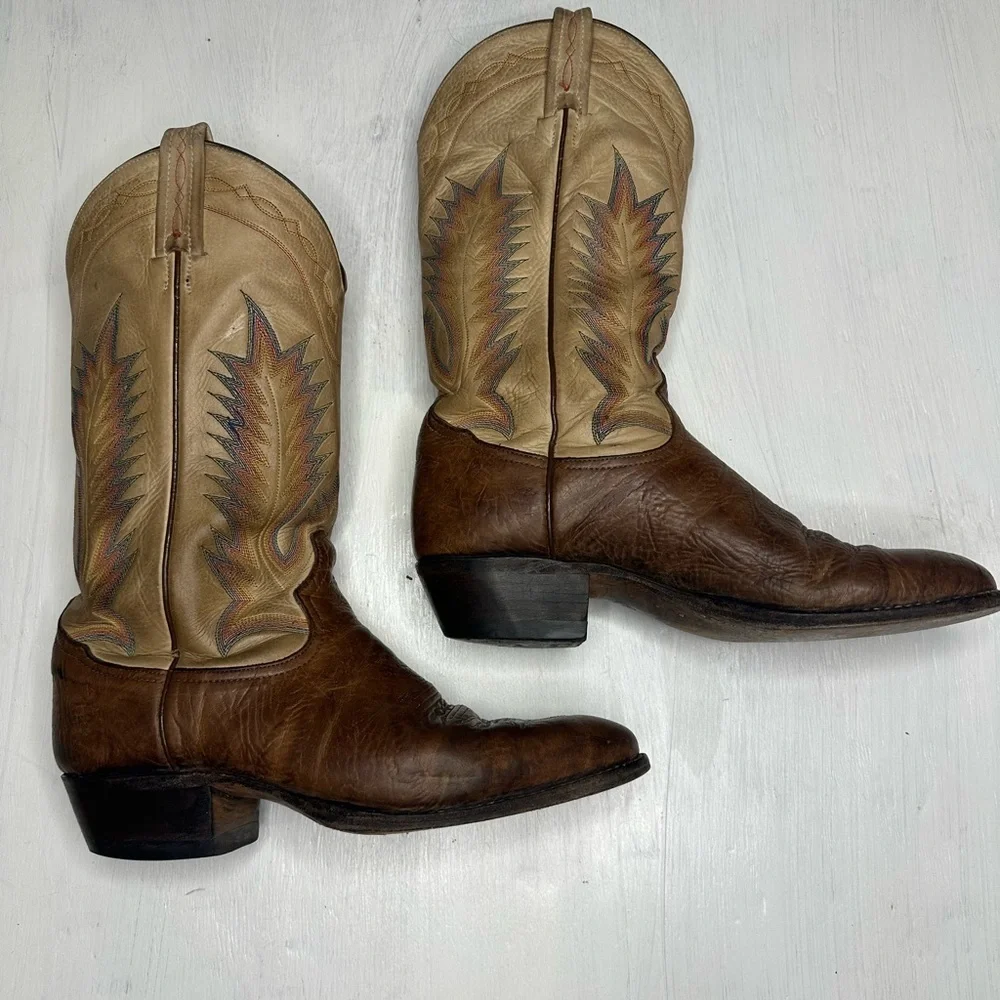 Tony Lama Boots Men's 9 D Brown Leather Rainbow Stitching Aztec Western 6186 Vtg - Picture 4 of 11